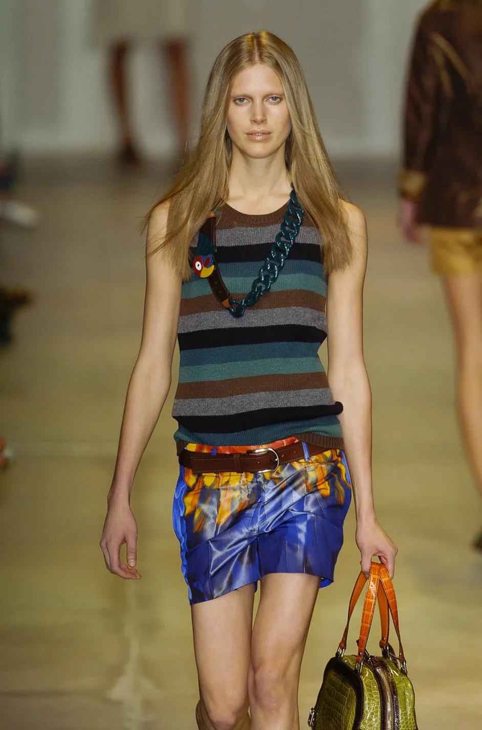 Iconic Spring 2005 Prada Runway Look 35 Printed Feather Pleated Silk Skirt