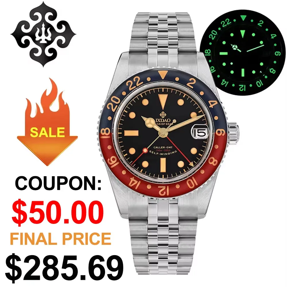 IPOSE  Watch Fans of 6542 GMT NH34 Automatic Mechanical Watches Sapphire C3 Luminous Stainless Steel Waterproof 100M