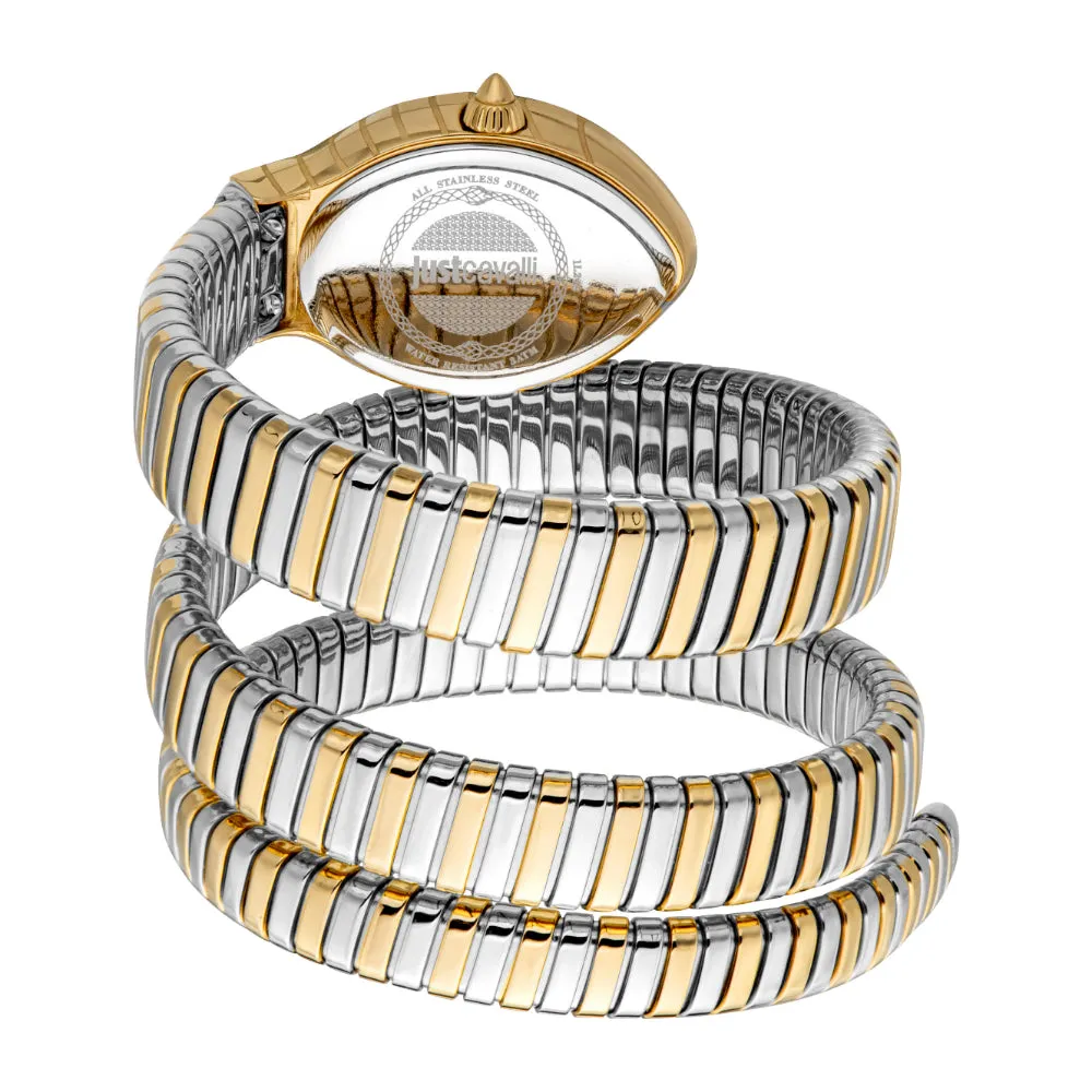 Just Cavalli Snake Shape Women's Watch - Gold Color Case, Silver Dial, Two Tone Bracelet