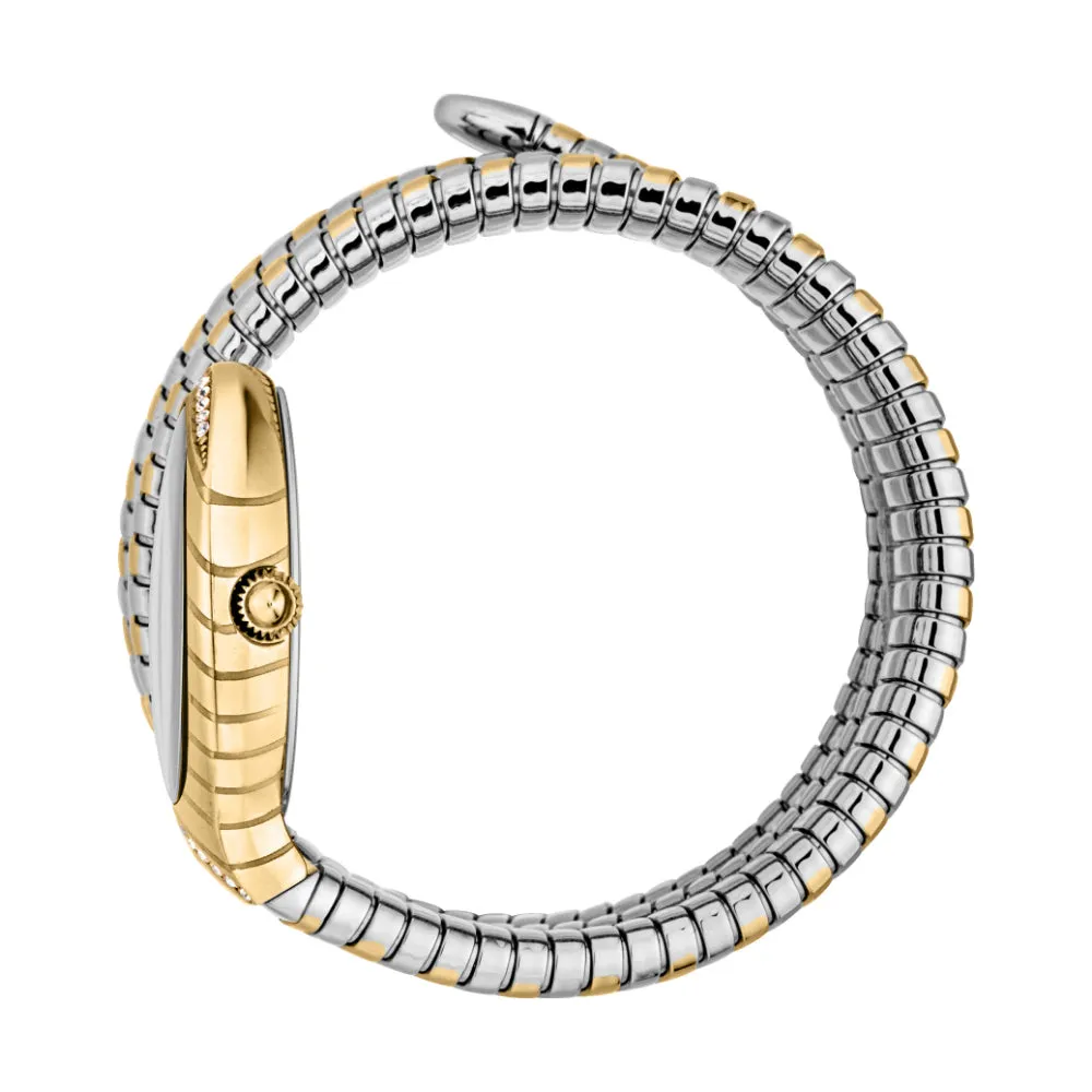 Just Cavalli Snake Shape Women's Watch - Gold Color Case, Silver Dial, Two Tone Bracelet