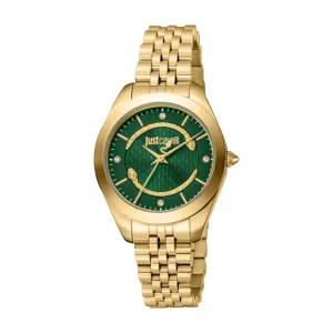 Just Cavalli Women's Gold Color Watch with Dark Green Dial and Gold Color Metal Bracelet