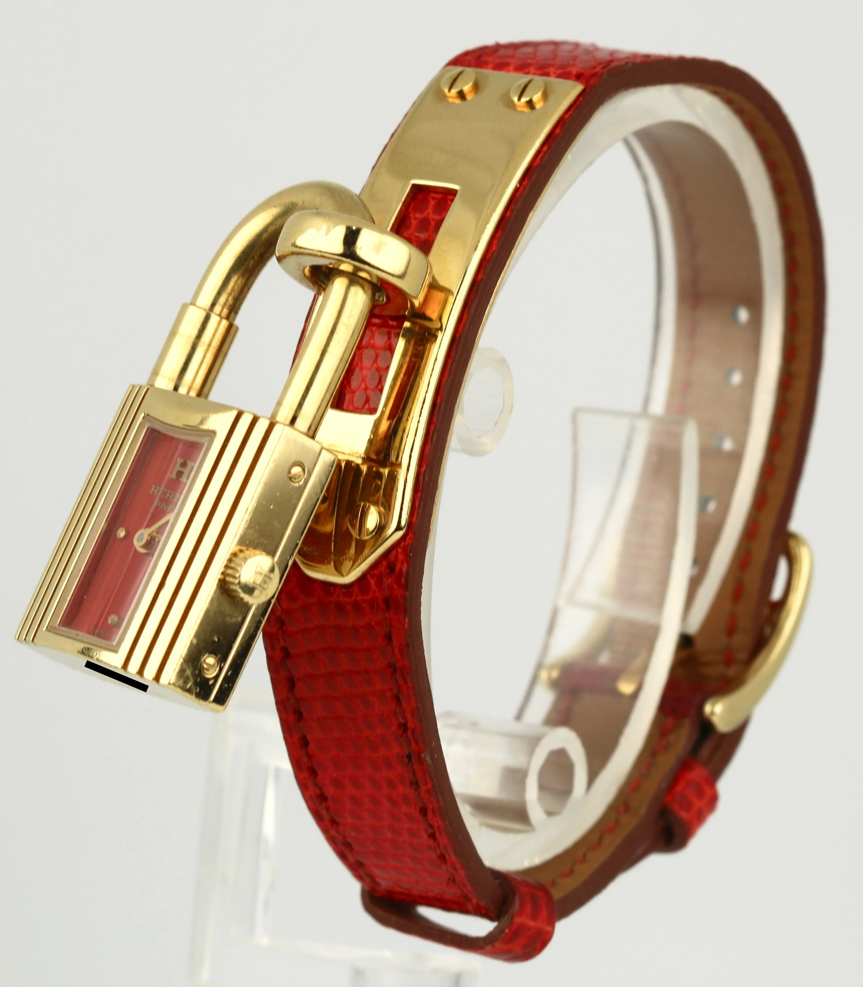 Ladies Hermes Kelly Gold Plated Padlock Lock Red Dial Leather Band Bag Watch
