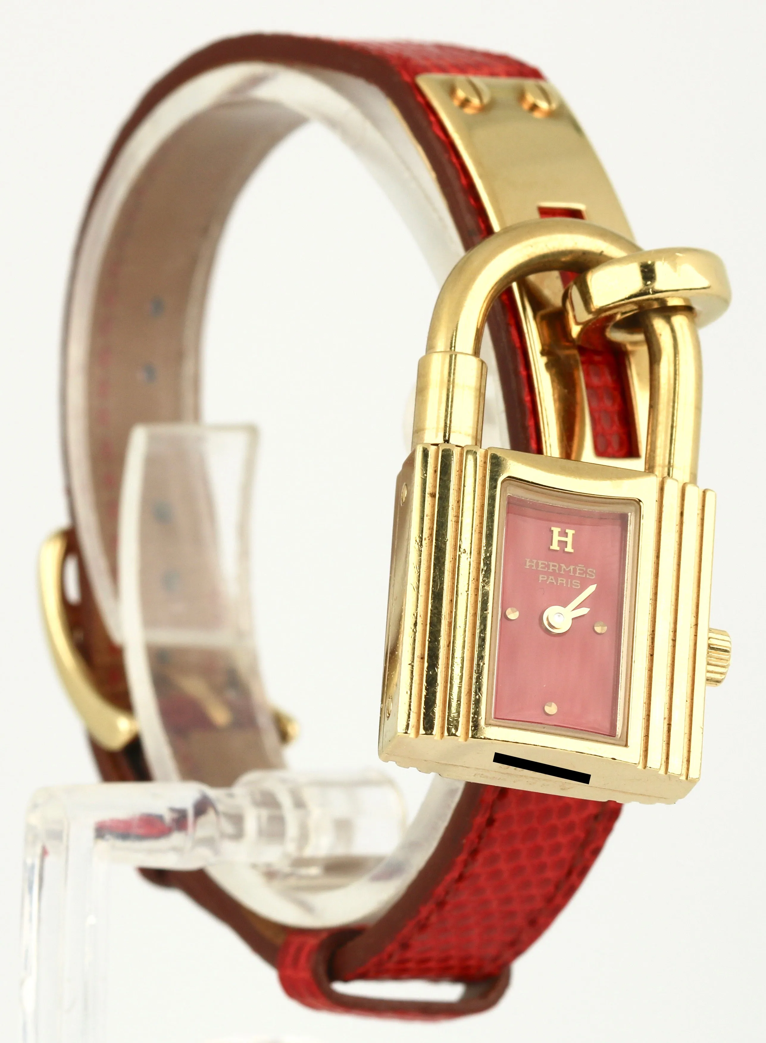 Ladies Hermes Kelly Gold Plated Padlock Lock Red Dial Leather Band Bag Watch
