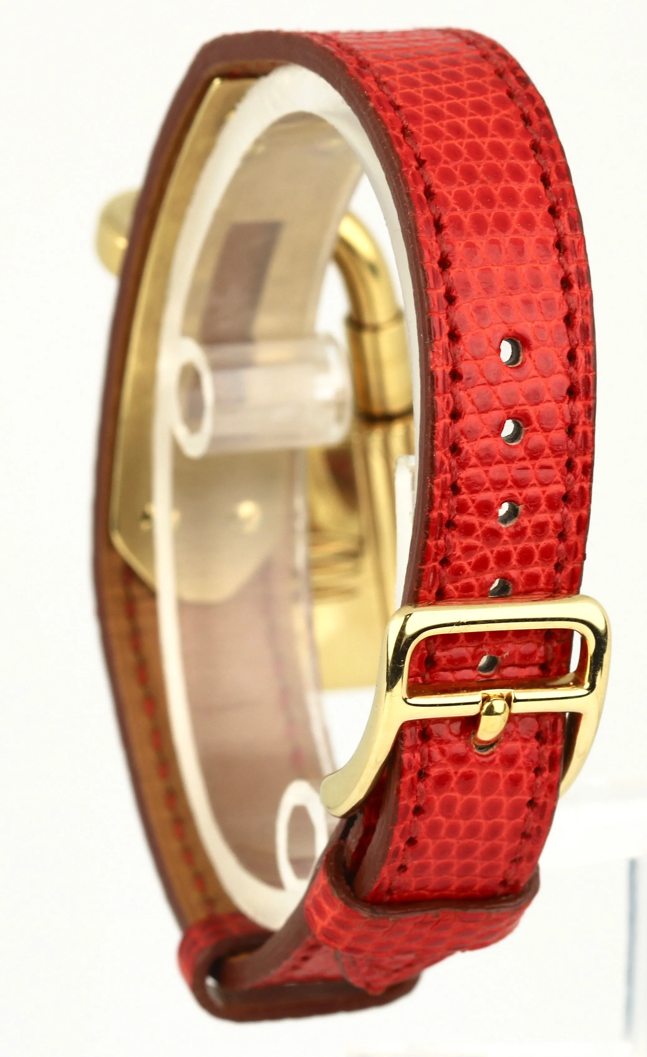 Ladies Hermes Kelly Gold Plated Padlock Lock Red Dial Leather Band Bag Watch