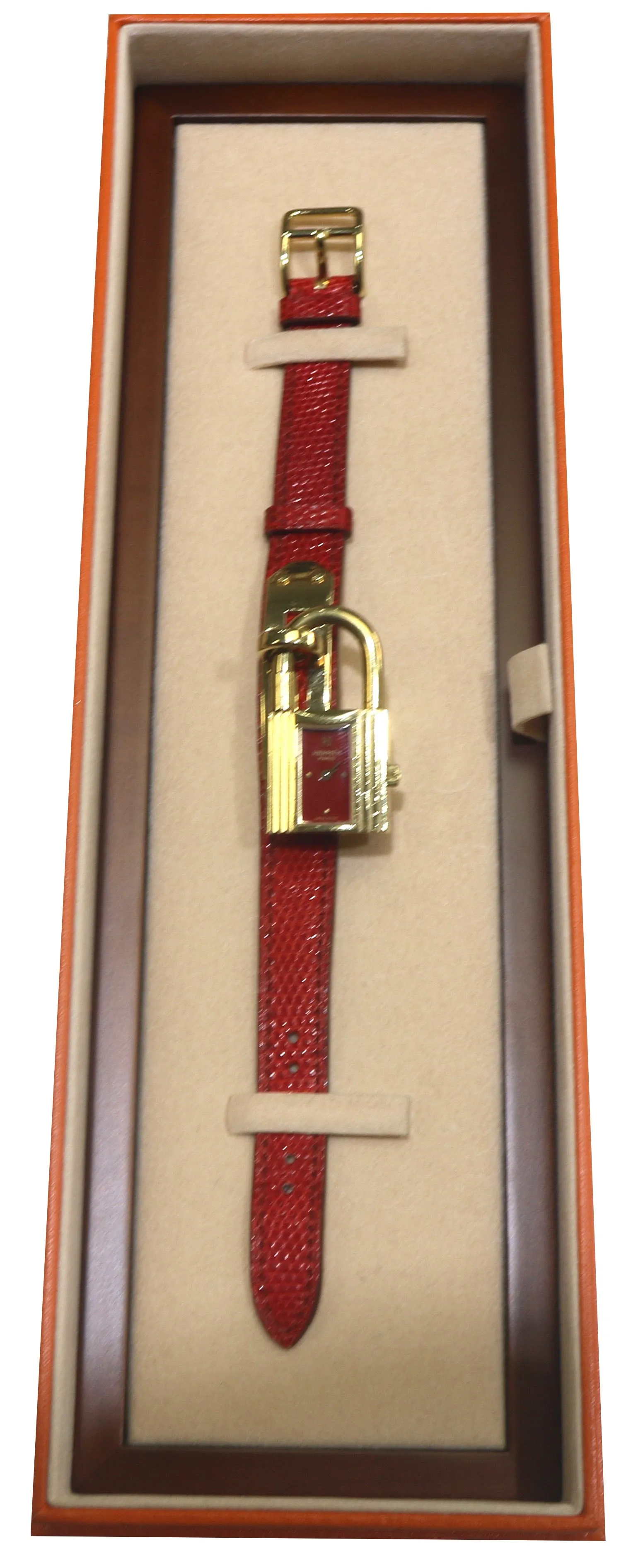 Ladies Hermes Kelly Gold Plated Padlock Lock Red Dial Leather Band Bag Watch