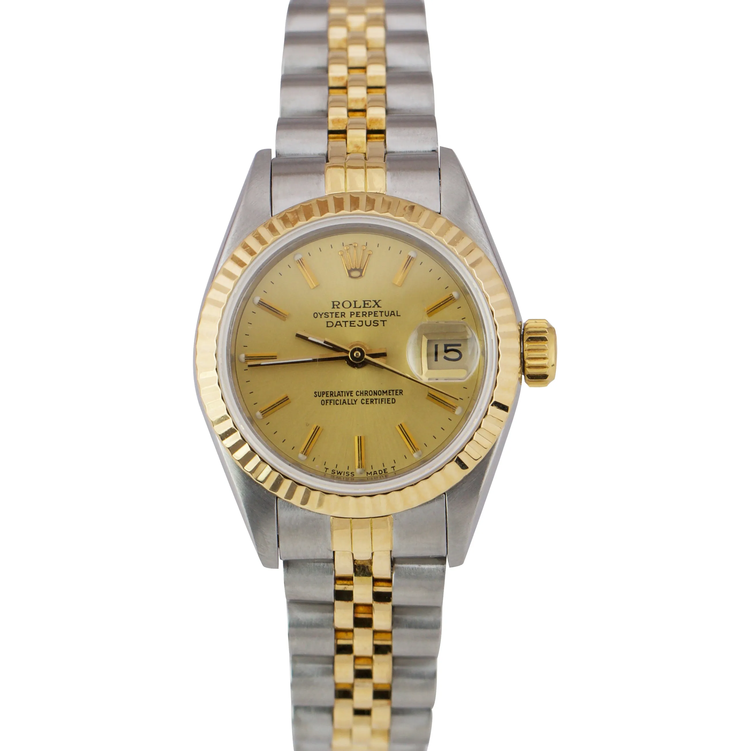 Ladies Rolex DateJust 26mm 18K Stainless Two Tone Champagne Jubilee Watch 69173