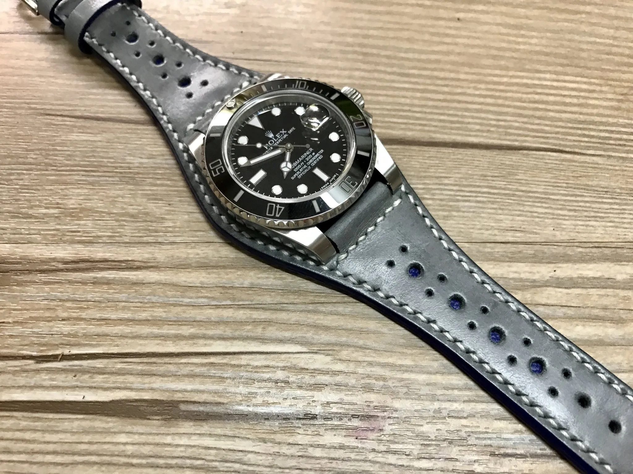 Leather Watch Strap 20mm, Cuff Watch Band 19mm 22mm, Brogue Pattern Grey Leather wrist watch band, Christmas Gift Ideas