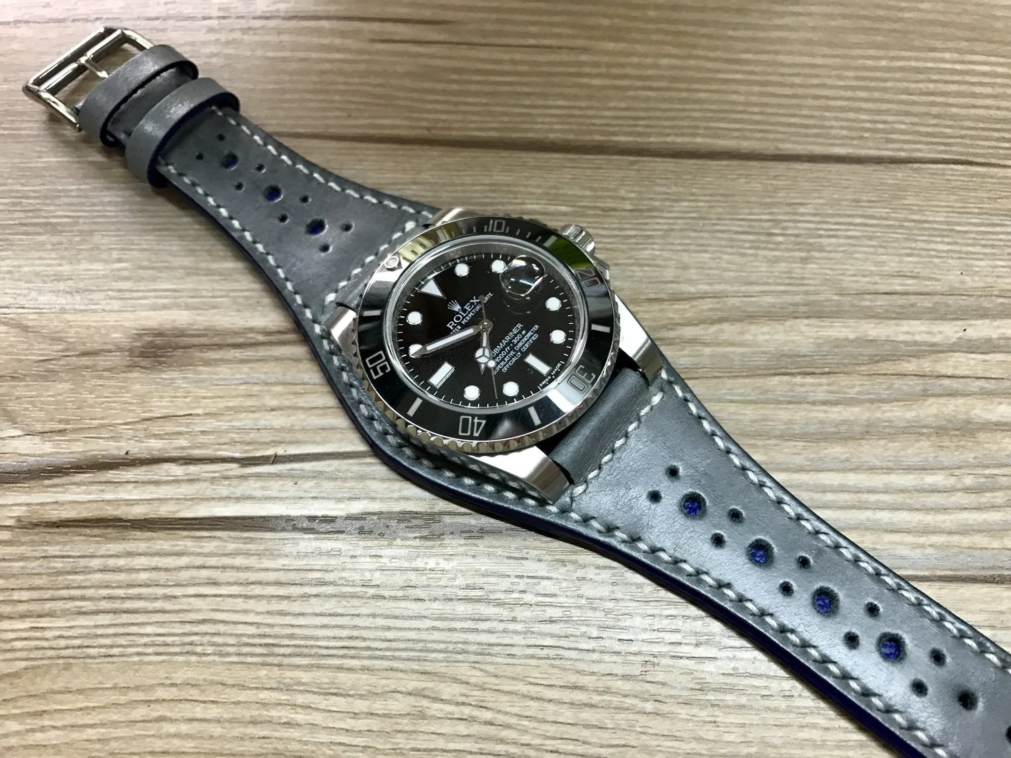 Leather Watch Strap 20mm, Cuff Watch Band 19mm 22mm, Brogue Pattern Grey Leather wrist watch band, Christmas Gift Ideas