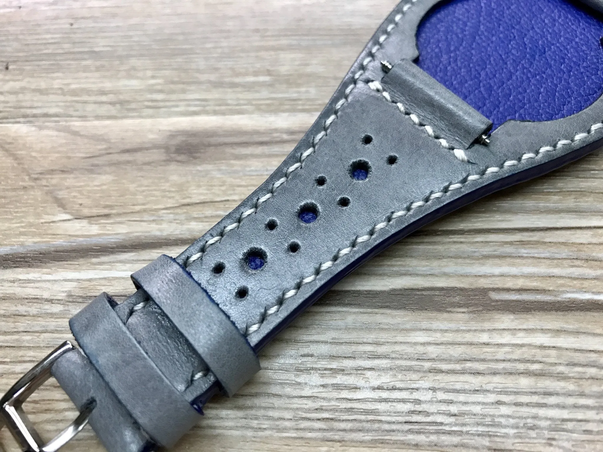 Leather Watch Strap 20mm, Cuff Watch Band 19mm 22mm, Brogue Pattern Grey Leather wrist watch band, Christmas Gift Ideas