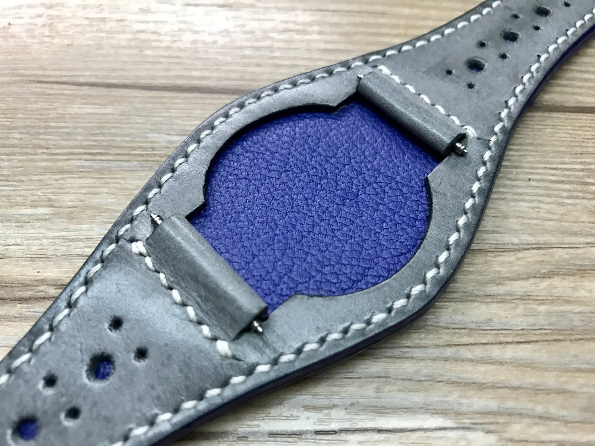 Leather Watch Strap 20mm, Cuff Watch Band 19mm 22mm, Brogue Pattern Grey Leather wrist watch band, Christmas Gift Ideas