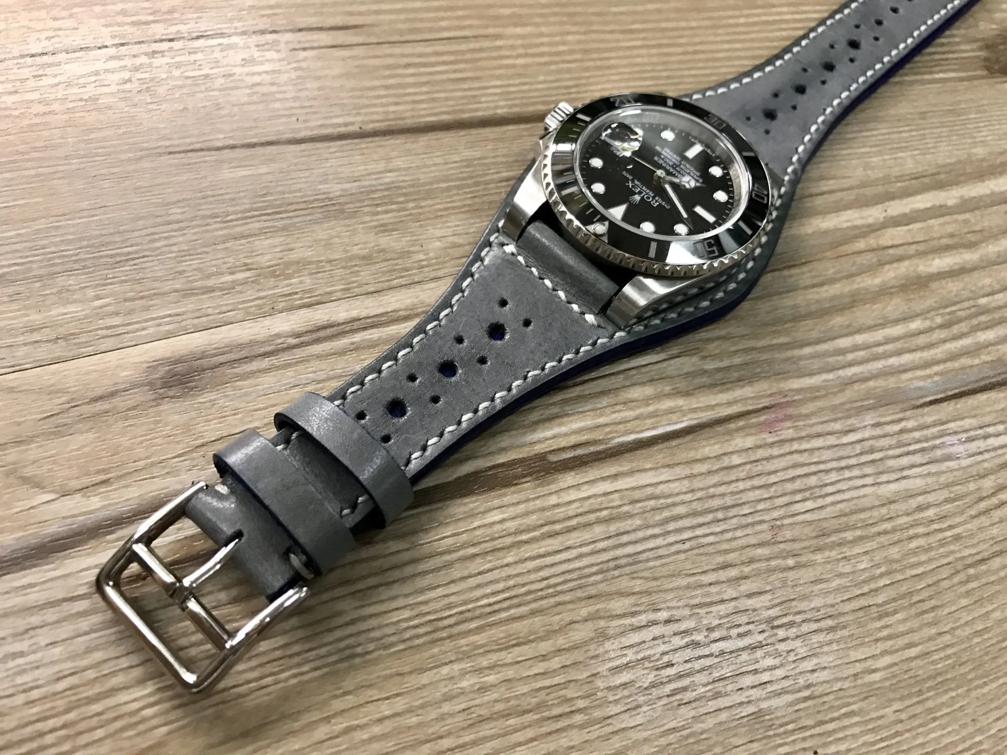 Leather Watch Strap 20mm, Cuff Watch Band 19mm 22mm, Brogue Pattern Grey Leather wrist watch band, Christmas Gift Ideas