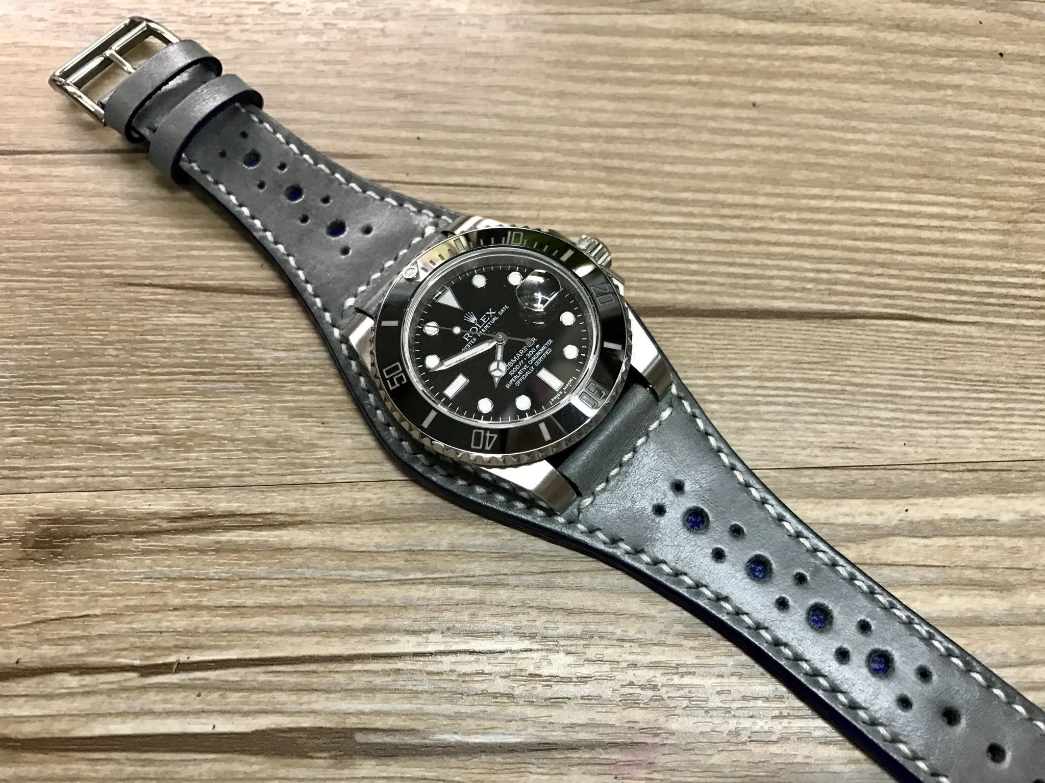 Leather Watch Strap 20mm, Cuff Watch Band 19mm 22mm, Brogue Pattern Grey Leather wrist watch band, Christmas Gift Ideas