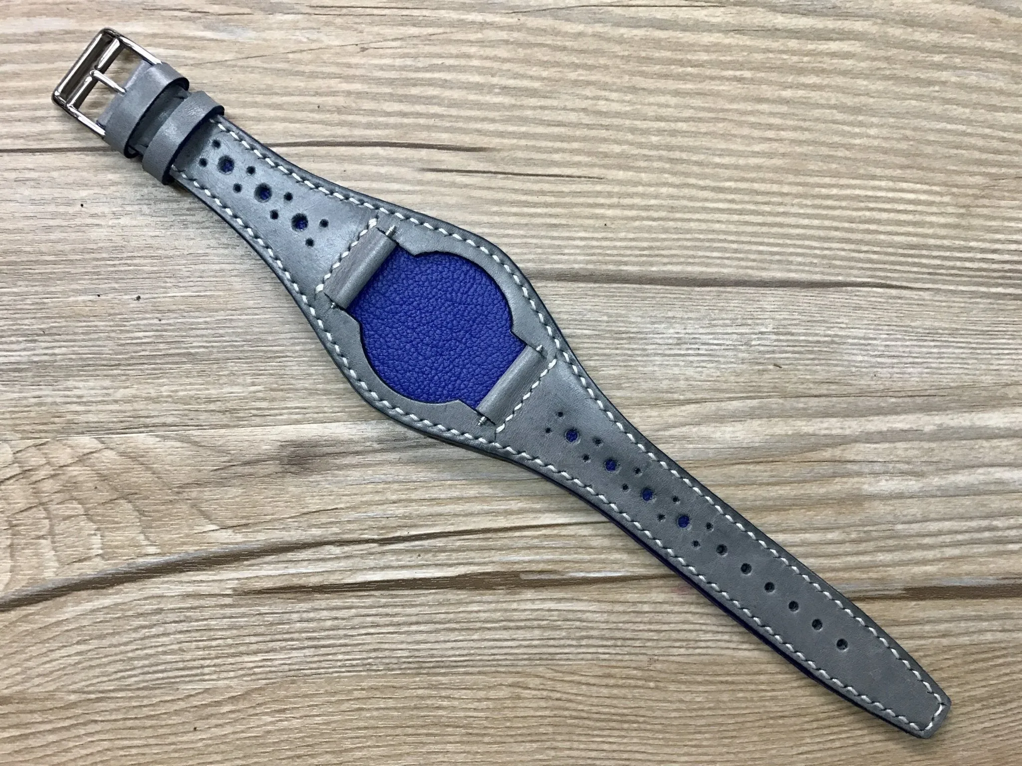 Leather Watch Strap 20mm, Cuff Watch Band 19mm 22mm, Brogue Pattern Grey Leather wrist watch band, Christmas Gift Ideas