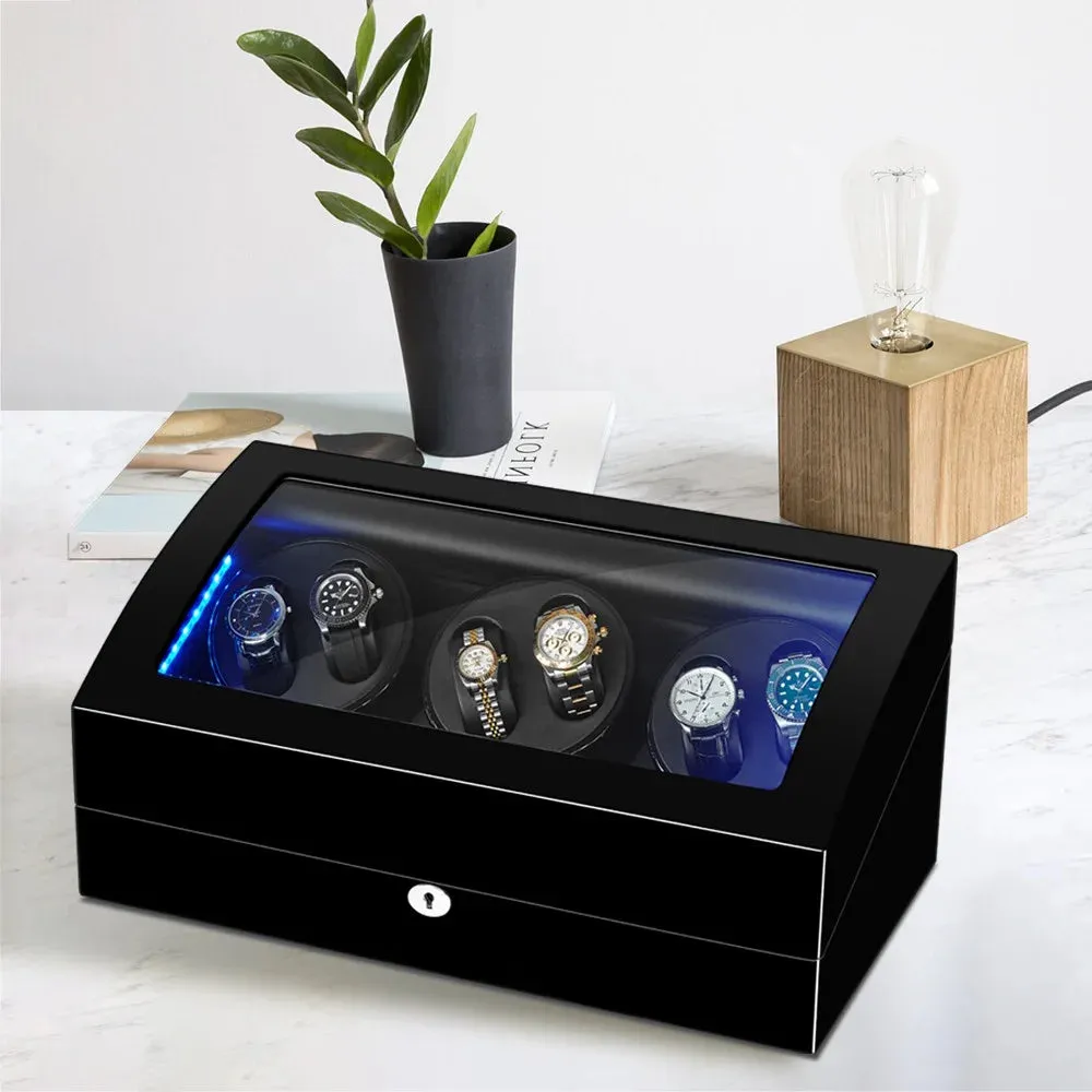 LED Watch Winder Box,6 Automatic Rotation, Includes AC Adapter, Key, Black, Model 2023