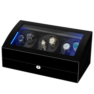 LED Watch Winder Box,6 Automatic Rotation, Includes AC Adapter, Key, Black, Model 2023