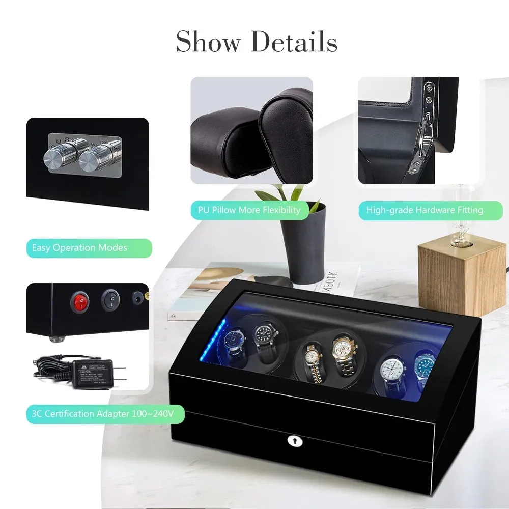 LED Watch Winder Box,6 Automatic Rotation, Includes AC Adapter, Key, Black, Model 2023