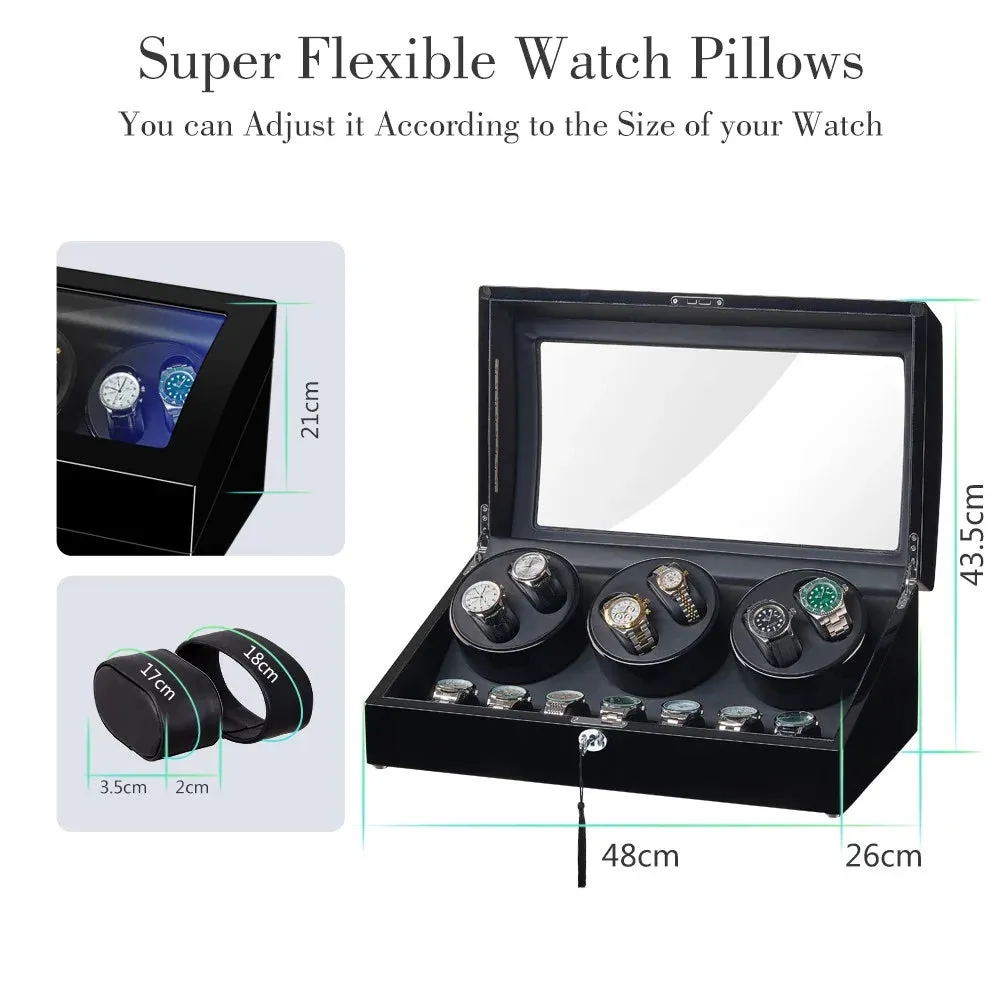 LED Watch Winder Box,6 Automatic Rotation, Includes AC Adapter, Key, Black, Model 2023