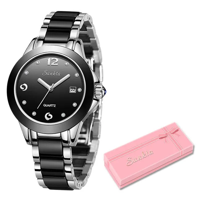 LIGE  Sunkta Women's Ceramic Wrist Watch, Stainless Steel, Waterproof