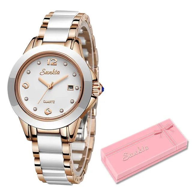 LIGE  Sunkta Women's Ceramic Wrist Watch, Stainless Steel, Waterproof