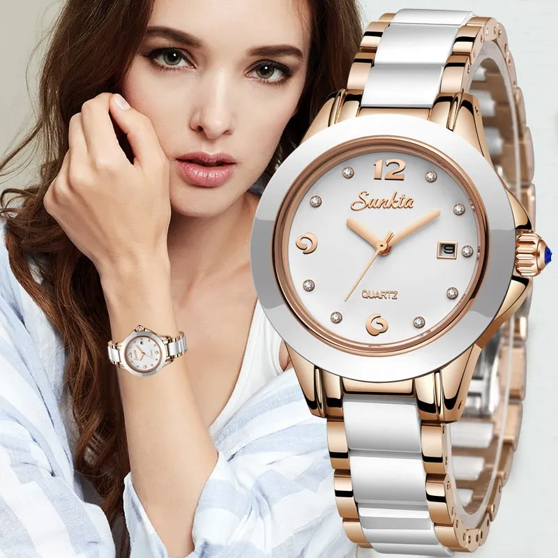 LIGE  Sunkta Women's Ceramic Wrist Watch, Stainless Steel, Waterproof