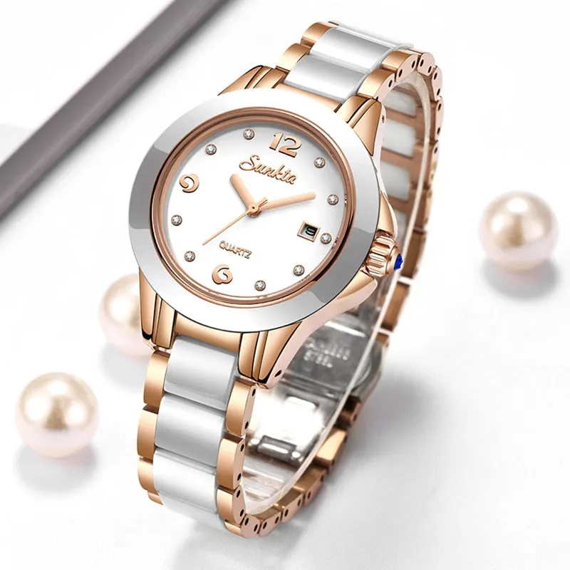 LIGE  Sunkta Women's Ceramic Wrist Watch, Stainless Steel, Waterproof