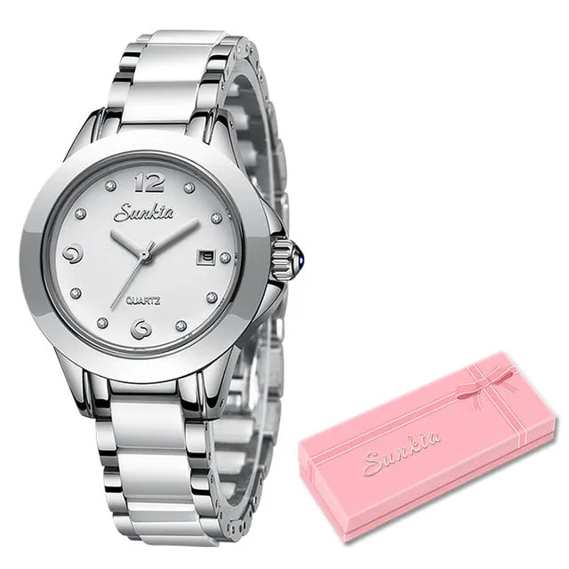 LIGE  Sunkta Women's Ceramic Wrist Watch, Stainless Steel, Waterproof