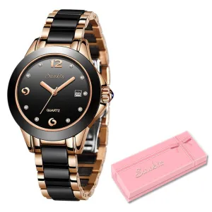 LIGE  Sunkta Women's Ceramic Wrist Watch, Stainless Steel, Waterproof
