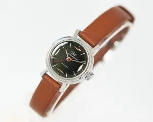 Limited edition lady watch Dawn\Youth new old stock, black wristwatch for women silver shade case, girl,watch gift, new premium leather band
