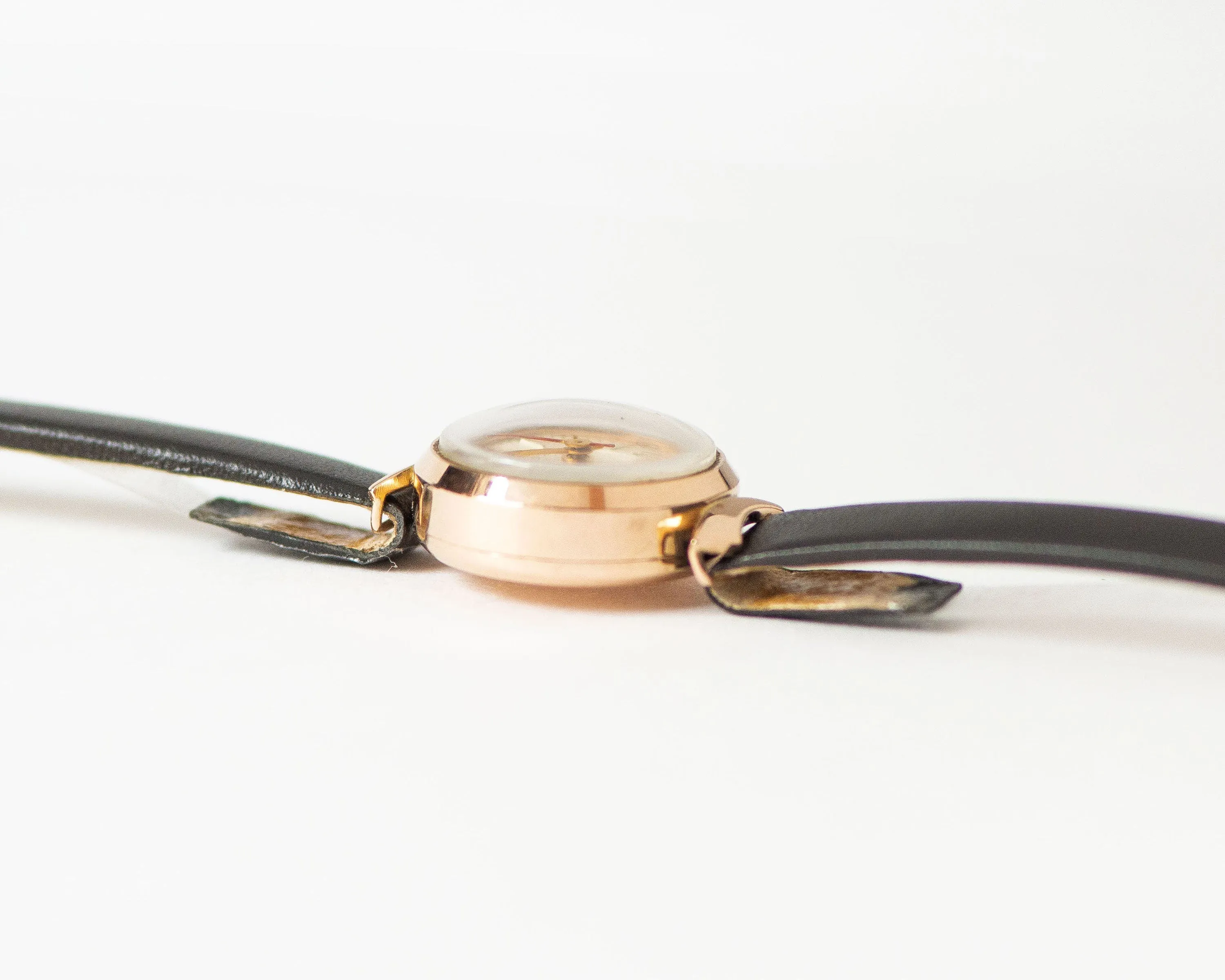 Limited edition solid gold 14K women watch Dream, delicate wristwatch crescent case lugs jewelry gift, exclusive vintage watch, leather band