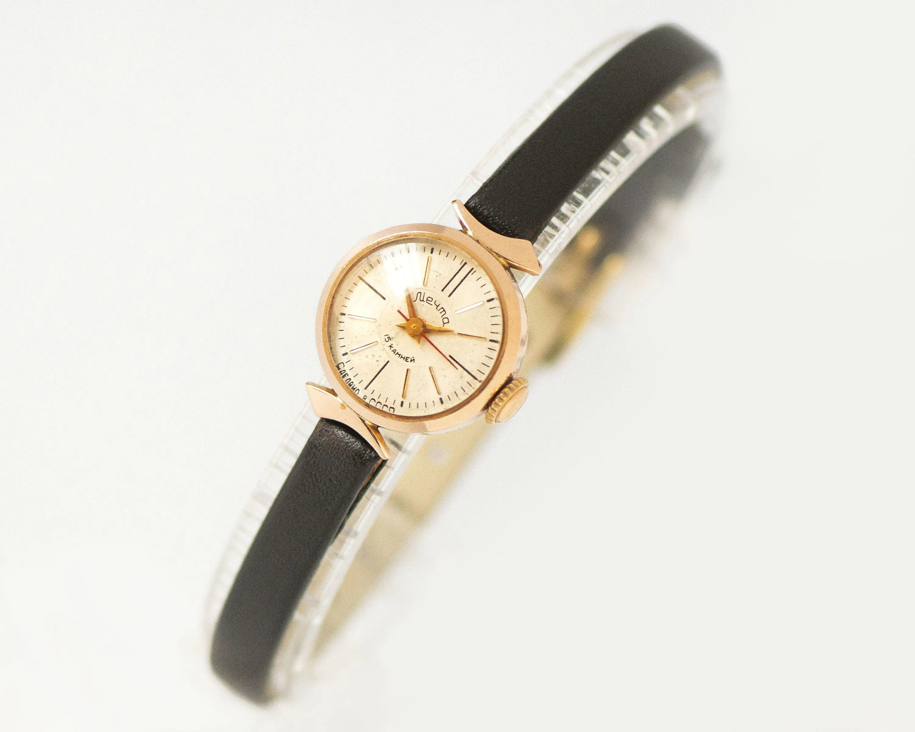 Limited edition solid gold 14K women watch Dream, delicate wristwatch crescent case lugs jewelry gift, exclusive vintage watch, leather band