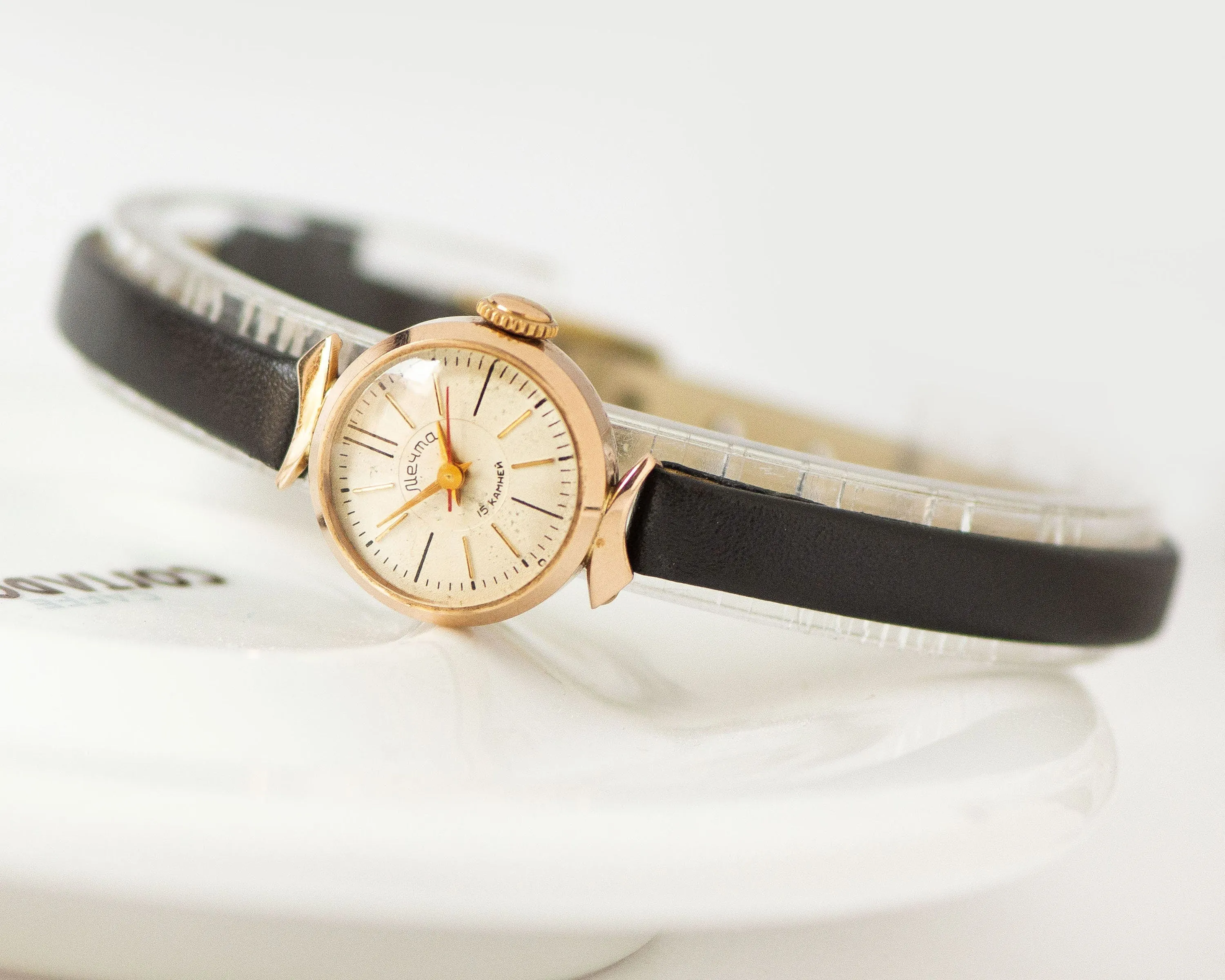 Limited edition solid gold 14K women watch Dream, delicate wristwatch crescent case lugs jewelry gift, exclusive vintage watch, leather band