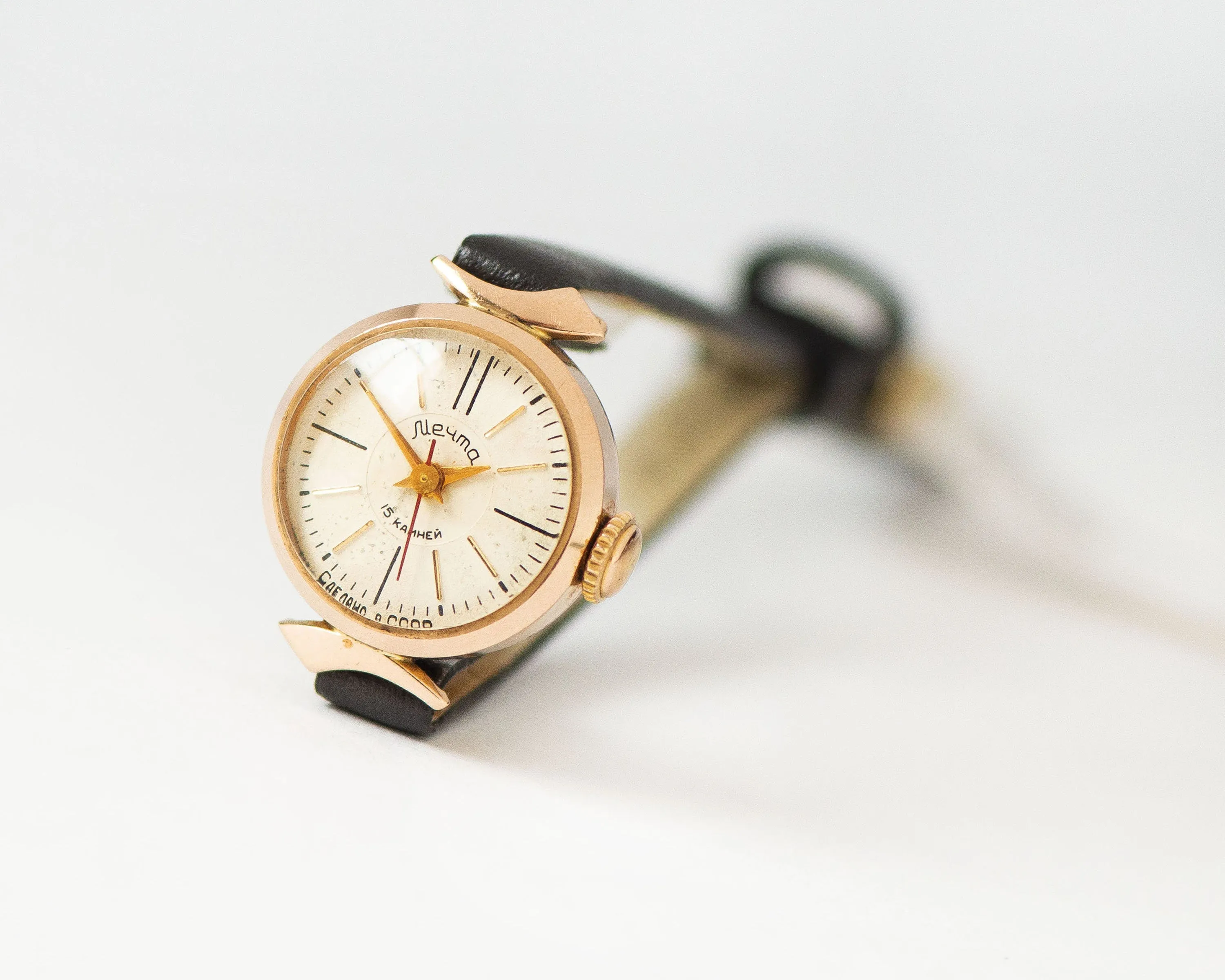 Limited edition solid gold 14K women watch Dream, delicate wristwatch crescent case lugs jewelry gift, exclusive vintage watch, leather band