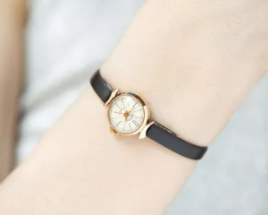 Limited edition solid gold 14K women watch Dream, delicate wristwatch crescent case lugs jewelry gift, exclusive vintage watch, leather band