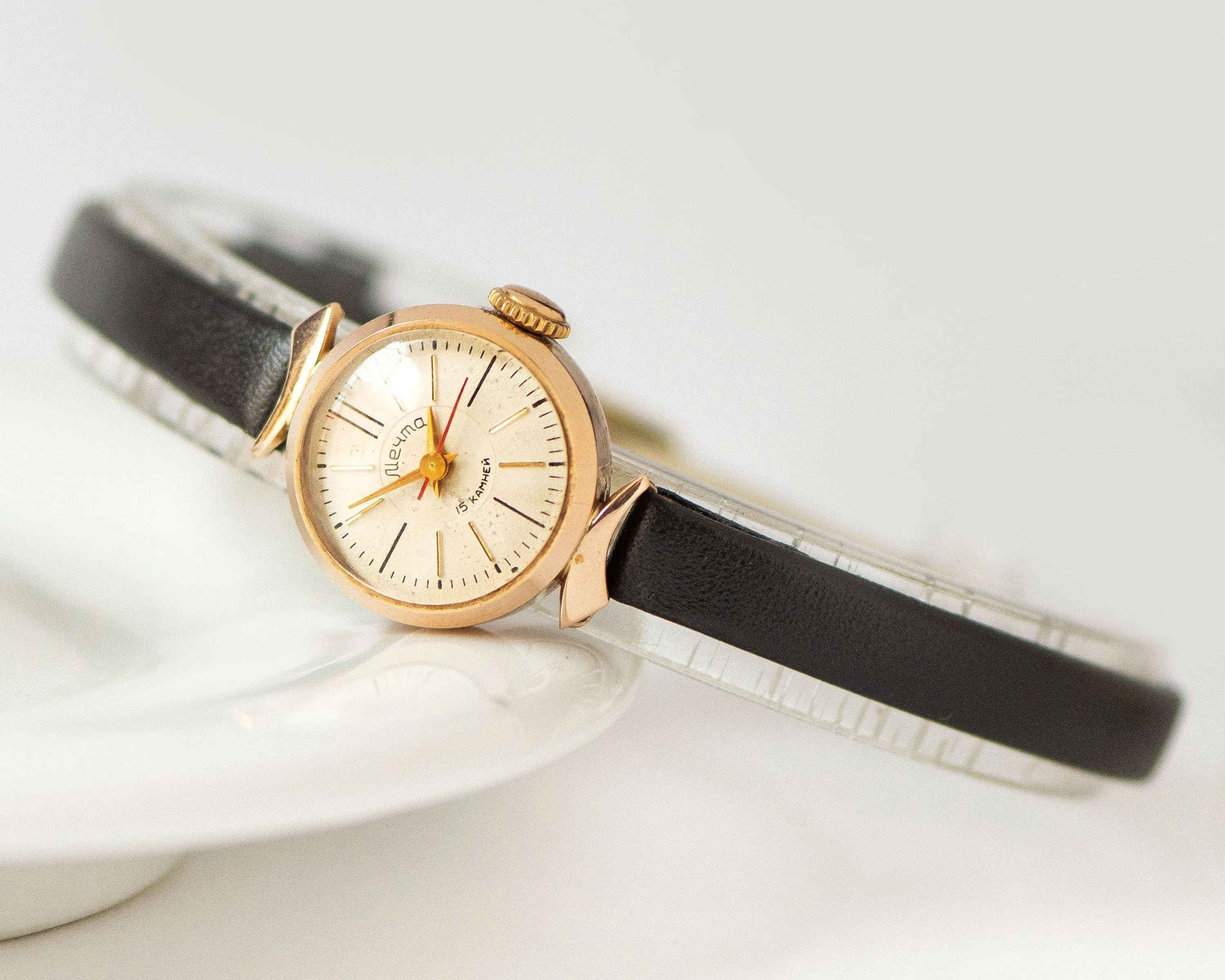 Limited edition solid gold 14K women watch Dream, delicate wristwatch crescent case lugs jewelry gift, exclusive vintage watch, leather band