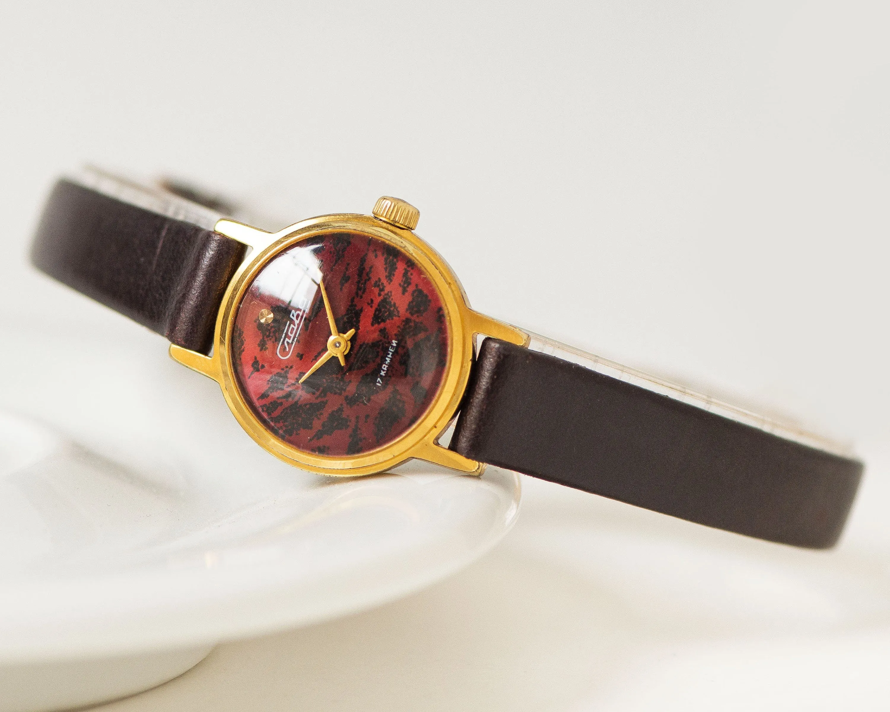 Limited edition women watch burgundy wild cat pattern dial, vintage lady watch Glory gold plated jewelry gift lady, new genuine leather band