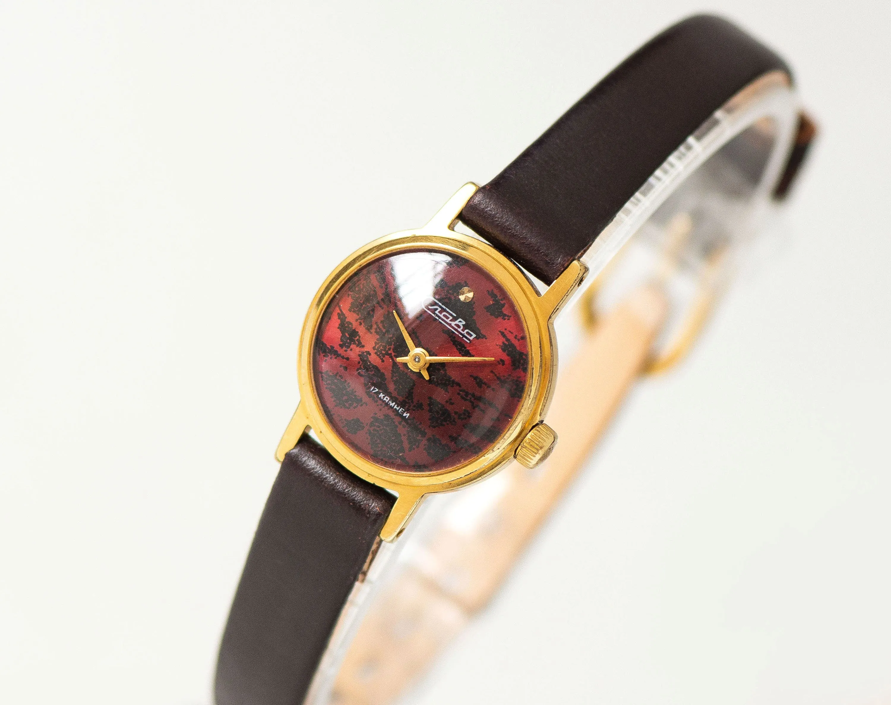 Limited edition women watch burgundy wild cat pattern dial, vintage lady watch Glory gold plated jewelry gift lady, new genuine leather band