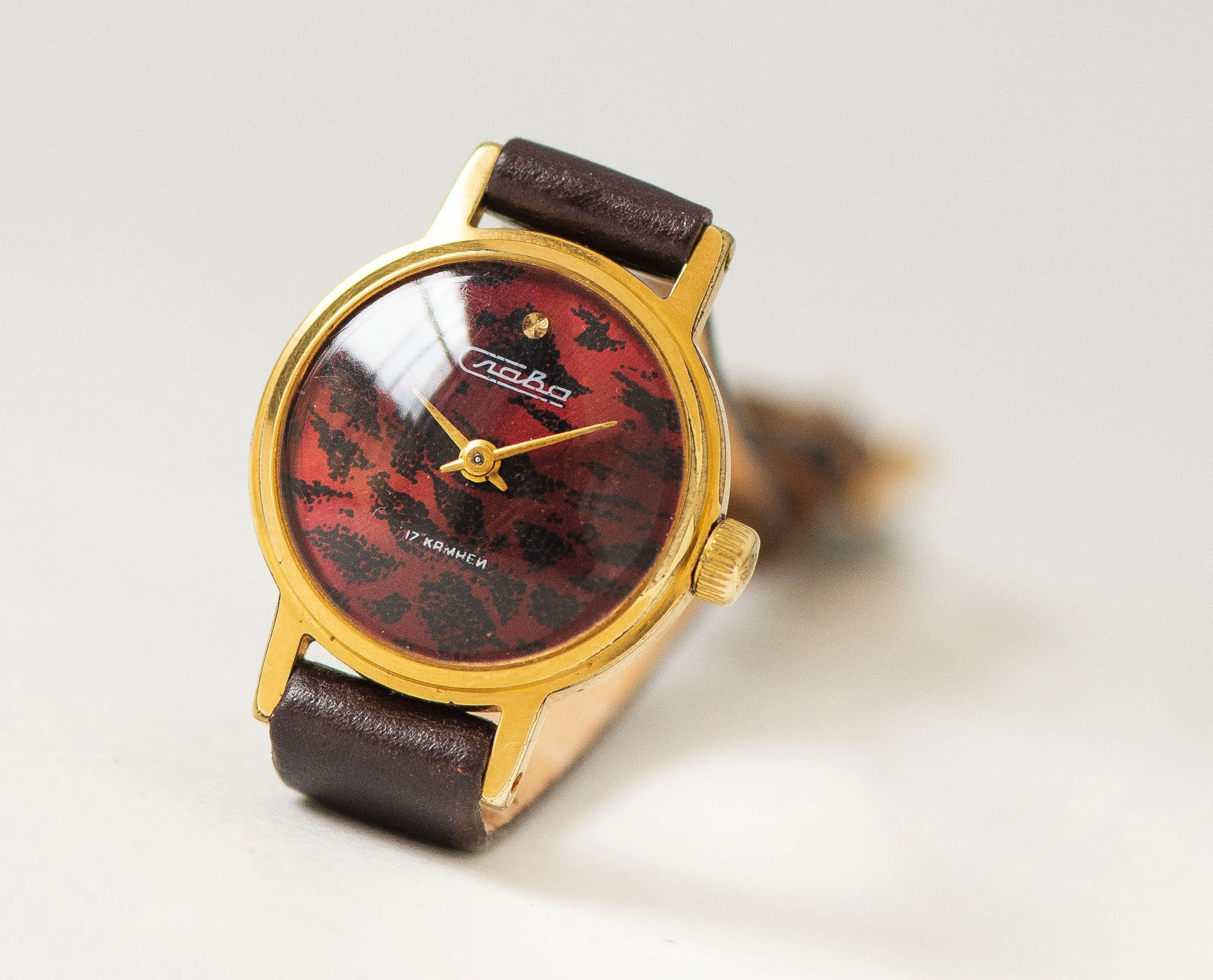 Limited edition women watch burgundy wild cat pattern dial, vintage lady watch Glory gold plated jewelry gift lady, new genuine leather band