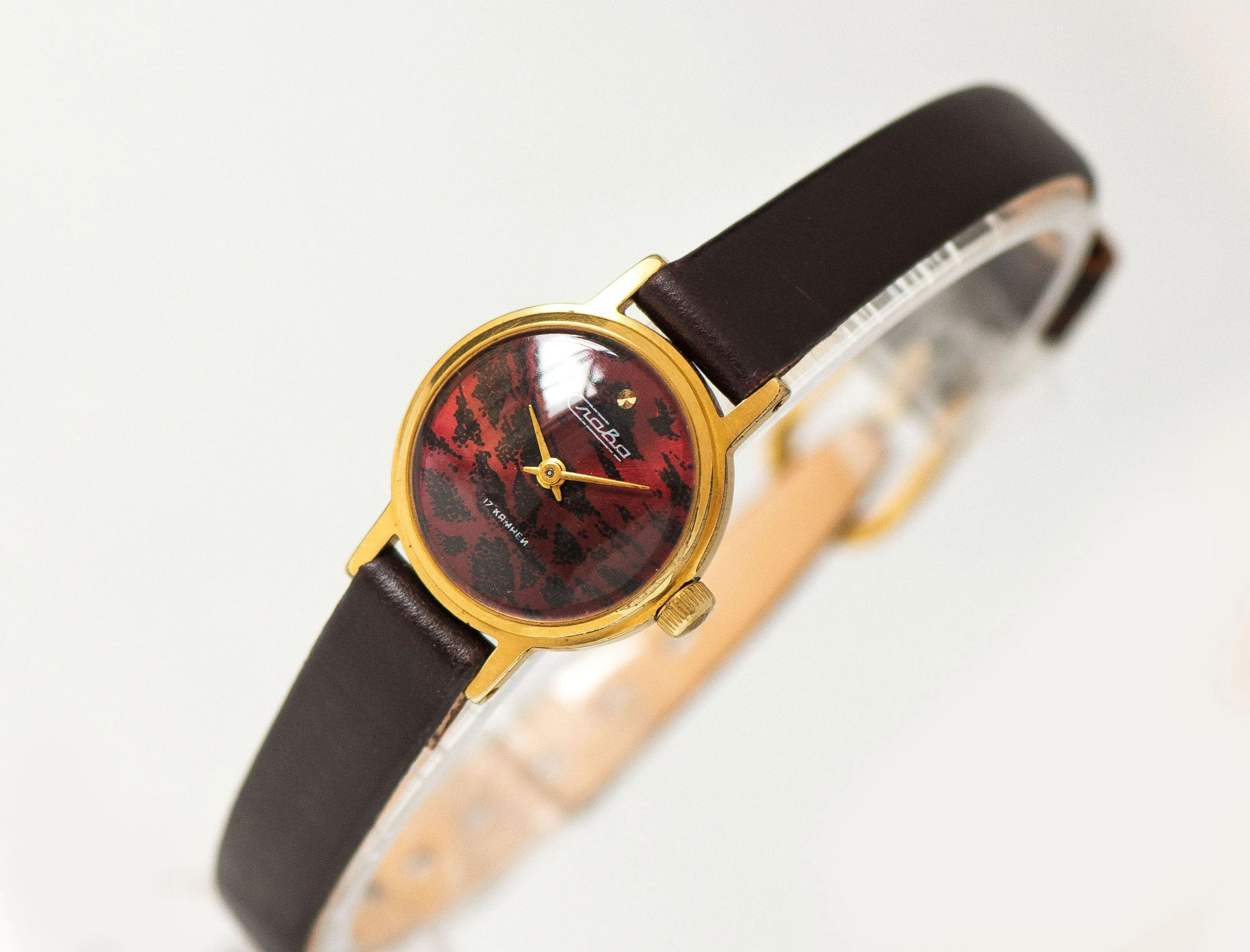 Limited edition women watch burgundy wild cat pattern dial, vintage lady watch Glory gold plated jewelry gift lady, new genuine leather band