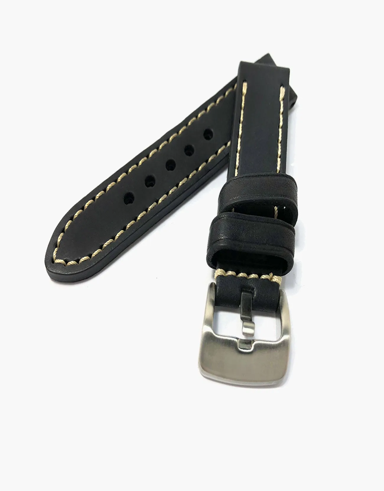 LUX Black Oil Tanned Leather Watch Band Flat Thick Vintage White Stitching
