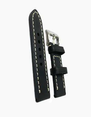 LUX Black Oil Tanned Leather Watch Band Flat Thick Vintage White Stitching