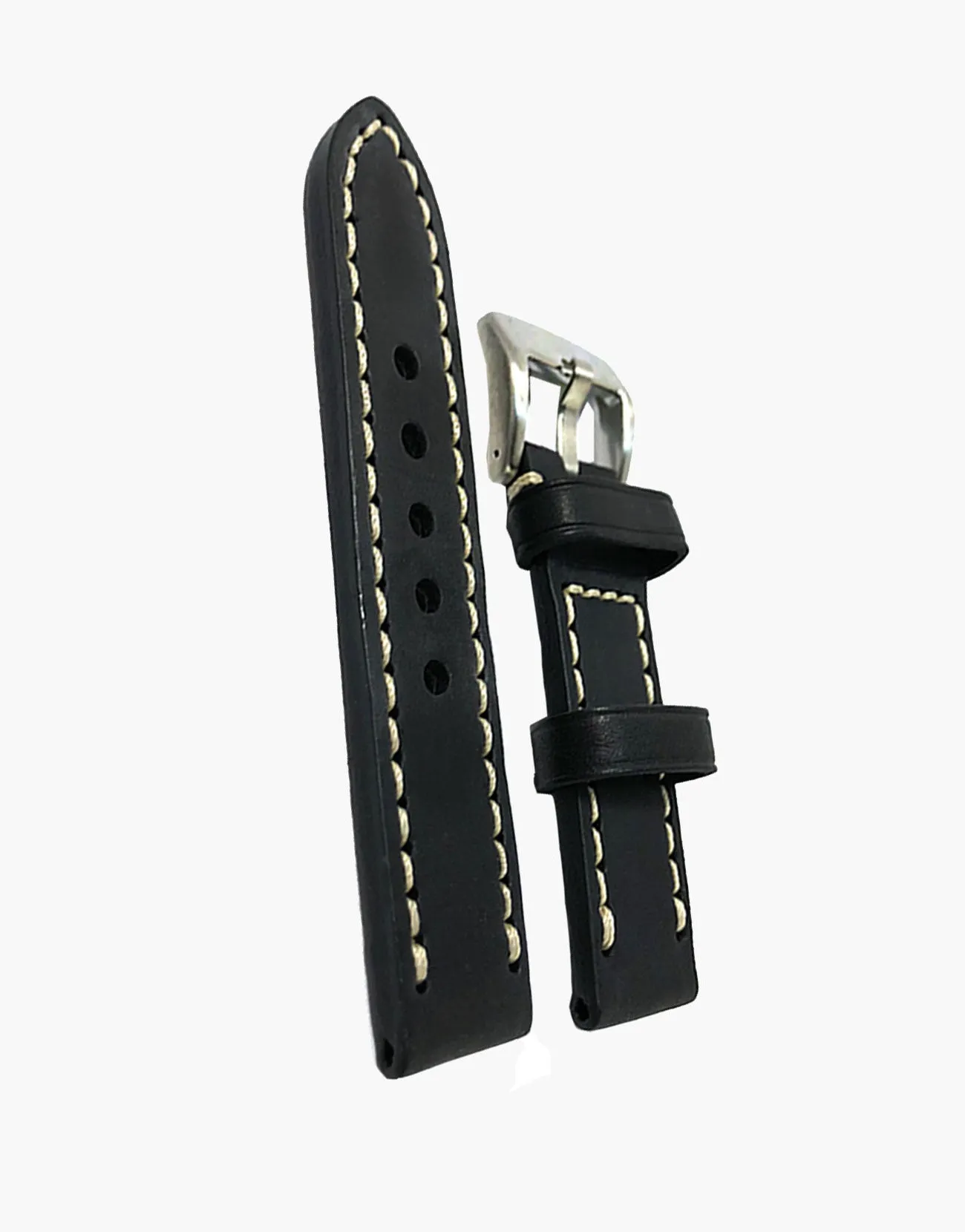 LUX Black Oil Tanned Leather Watch Band Flat Thick Vintage White Stitching