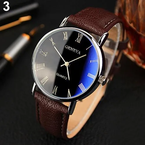 Men Roman Numerals Blu-Ray Quartz Business Wrist Watch