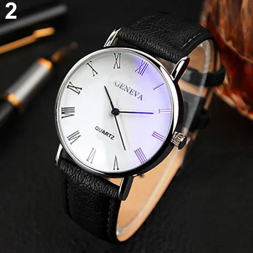 Men Roman Numerals Blu-Ray Quartz Business Wrist Watch