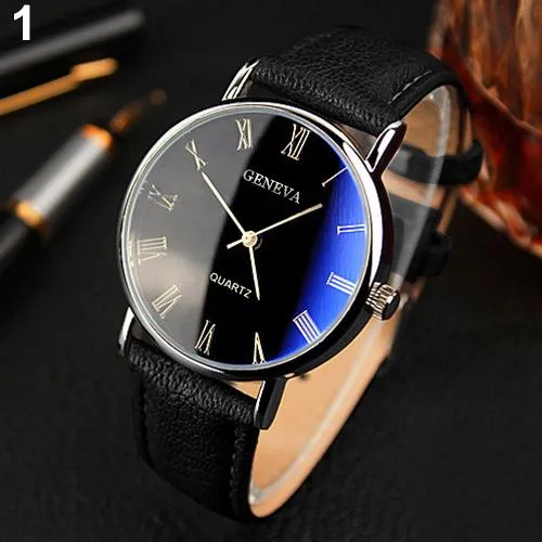 Men Roman Numerals Blu-Ray Quartz Business Wrist Watch