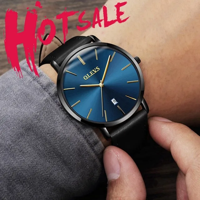 Men Watches Luxury Brand Olevs Quartz Genuine Leather Strap Minimalist Ultrathin Wrist Watches Waterproof High Quality Relogio