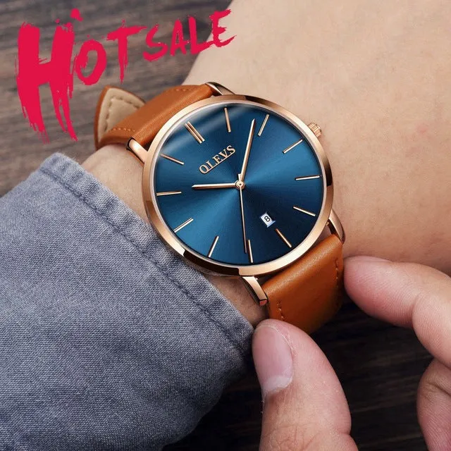 Men Watches Luxury Brand Olevs Quartz Genuine Leather Strap Minimalist Ultrathin Wrist Watches Waterproof High Quality Relogio