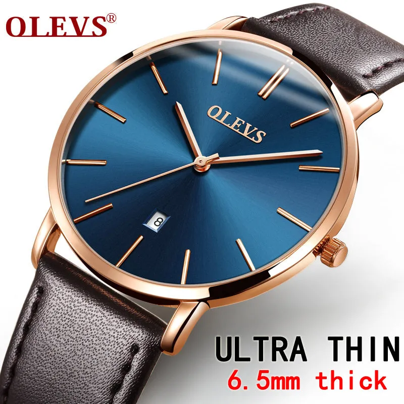 Men Watches Luxury Brand Olevs Quartz Genuine Leather Strap Minimalist Ultrathin Wrist Watches Waterproof High Quality Relogio