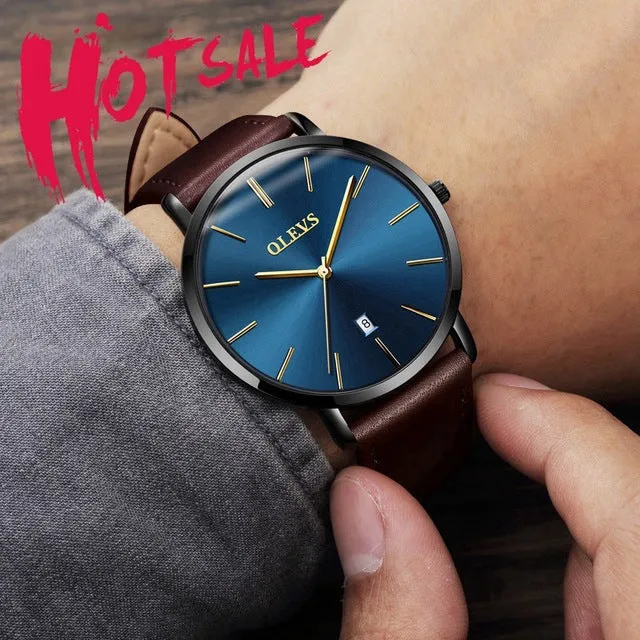 Men Watches Luxury Brand Olevs Quartz Genuine Leather Strap Minimalist Ultrathin Wrist Watches Waterproof High Quality Relogio