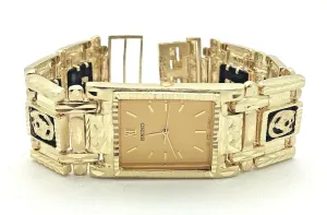 Men's 14k Yellow Gold Horse Shoe Black Onyx Link Bracelet Seiko Watch 8" 86grams