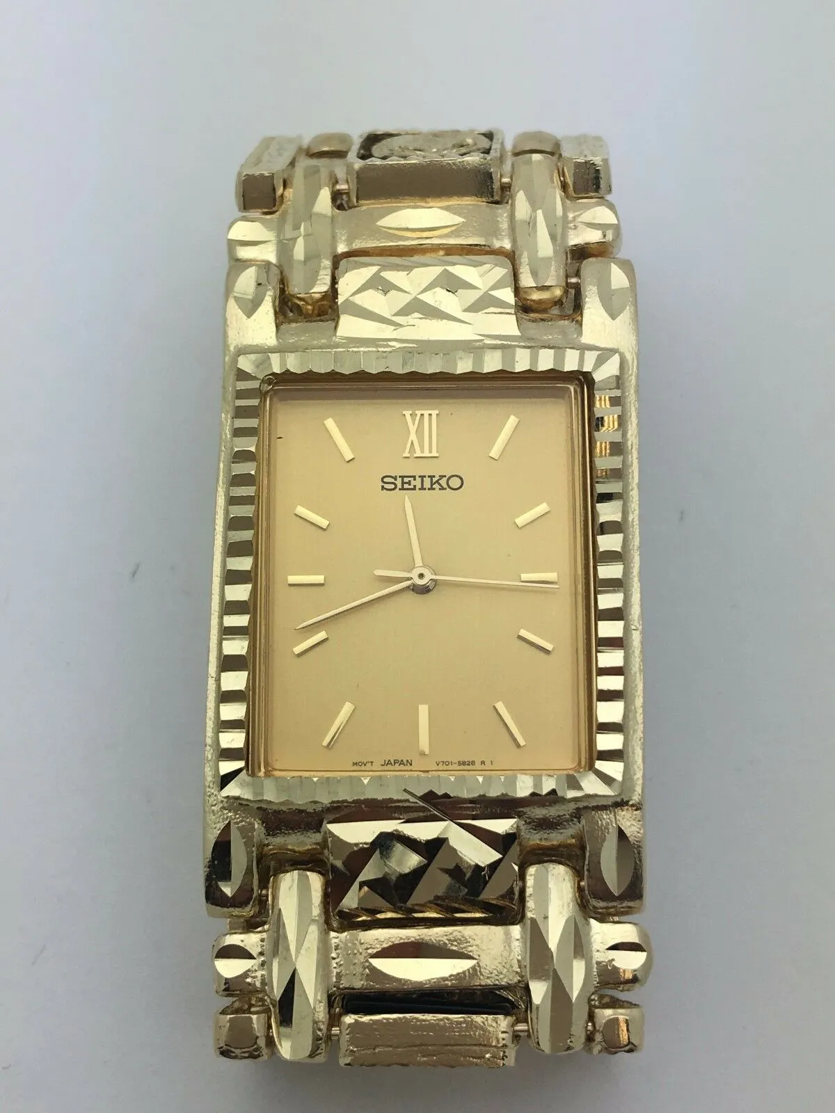Men's 14k Yellow Gold Horse Shoe Black Onyx Link Bracelet Seiko Watch 8" 86grams